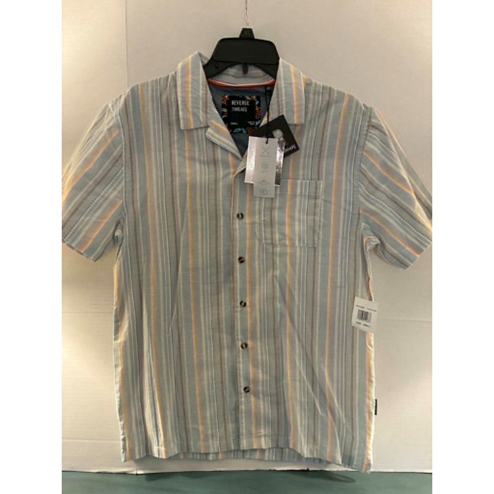 Reverse Threads Mens‎ Small Striped Camp Collar Button Front Shirt Coastal Beach